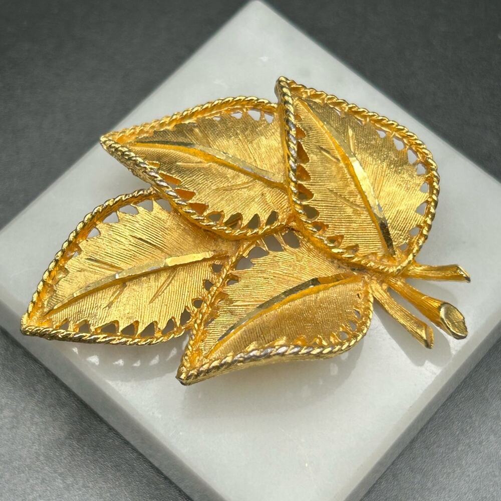 Vintage BSK Brooch gold tone leaf diamond-cut and brushed metal design #160